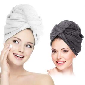 img 4 attached to 2 Pack Hair Towel Wrap Turban Microfiber Hair Drying Towels with Button - Quick Dry, Super Absorbent & Anti-Frizz for Women, Girls with Long & Curly Hair