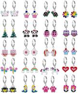 🌈 10/20 pairs silver mini hoop earrings with charm cat dog unicorn - cute & colorful crystal earrings for teen & girls logo