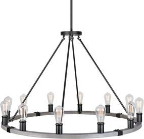 img 4 attached to 🔩 Rustic Farmhouse Wagon Wheel Chandelier - Kira Home Jericho 42" 12-Light, Large Round Kitchen Island Light, Gray Oak Wood Style with Black Finish