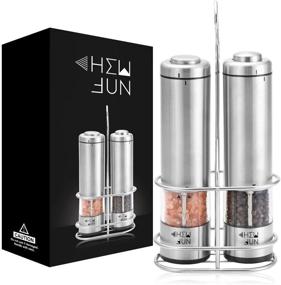 img 4 attached to 🧂 CHEW FUN Battery Operated Electric Salt and Pepper Grinder Set of 2 with LED Light - Ceramic Grinders and One Handed Operation - Metal Stand Included - Powered Shakers for Kitchen Tools