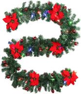 🎄 9ft christmas garland with led lights: greenery, flowers, berries, ball ornaments – battery operated, warm white 30 leds – indoor/outdoor decorations logo