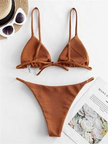 img 2 attached to 👙 Stylish and Comfortable ZAFUL Women's Textured Tie String Bikini Swimwear: Triangle Smocked Bikini Cheeky Brazilian Swimsuits