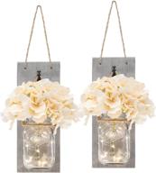 🏡 rustic mason jar wall decor: distressed wood sconces with led string lights – set of 2 grey wall art farmhouse decor for living room & bedroom logo