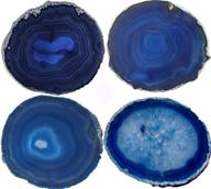 🔵 jic gem 3-3.5" small size agate coasters in dyed blue color - set of 4 polished natural geode stone coasters with protective rubber bumper for home decor logo