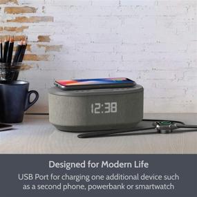 img 2 attached to 🕰️ Convenient Grey Bedside Radio Alarm Clock: USB Charger, Bluetooth Speaker, QI Wireless Charging, Dual Alarm Dimmable LED Display