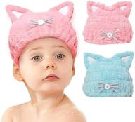 mdoahny 2pcs microfiber quick drying towel wrap for women adults or kids girls, cute ears cap hair turban with absorbent hair dry hat cap, lightweight bouncy hat headscarf in blue and pink logo