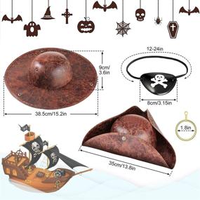 img 3 attached to 🎭 Set of 2 Brown Distressed Leather Colonial Tricorn Hats, 2 Faux Leather Pirate Hats 14-14in, 2 Skull Print Eye Patches, and 1 Pair of Gold Pirate Earrings - Perfect for Halloween Pirate Costume, Masquerade Party, or Cosplay Prop