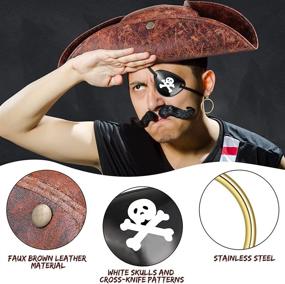 img 2 attached to 🎭 Set of 2 Brown Distressed Leather Colonial Tricorn Hats, 2 Faux Leather Pirate Hats 14-14in, 2 Skull Print Eye Patches, and 1 Pair of Gold Pirate Earrings - Perfect for Halloween Pirate Costume, Masquerade Party, or Cosplay Prop