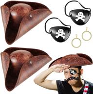 🎭 set of 2 brown distressed leather colonial tricorn hats, 2 faux leather pirate hats 14-14in, 2 skull print eye patches, and 1 pair of gold pirate earrings - perfect for halloween pirate costume, masquerade party, or cosplay prop logo