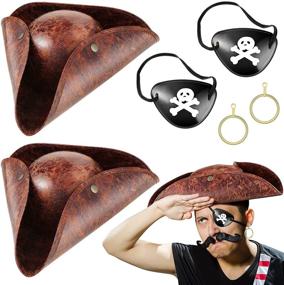 img 4 attached to 🎭 Set of 2 Brown Distressed Leather Colonial Tricorn Hats, 2 Faux Leather Pirate Hats 14-14in, 2 Skull Print Eye Patches, and 1 Pair of Gold Pirate Earrings - Perfect for Halloween Pirate Costume, Masquerade Party, or Cosplay Prop