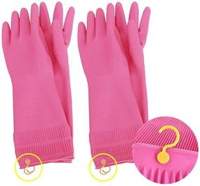 img 4 attached to HOMSSEM Latex Pink Rubber Cleaning Gloves with Hanging Hooks – 2 Pairs of Dishwashing Gloves