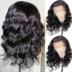 img 1 attached to ✨ ANDRIA Short Bob Lace Front Wigs: Natural Wave Synthetic Hair Wig for Black Women - Baby Hair, Heat Resistant Fiber - 16 Inches Black Wavy Shoulder Length