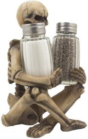 img 2 attached to Gothic Gifts: Spooky Skeleton Glass Salt and Pepper Shaker Set with Decorative Spice Rack Display Stand Holder Figurine - Perfect for Spooky Halloween Party Decorations and Skulls & Skeletons Kitchen Décor