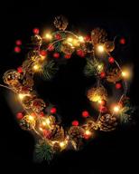 christmas garland with lights - battery powered christmas lights, bell string lights with needle, pine 🎄 cones, red berries - xmas wreath for tree, fireplace & indoor decorations - 2m/6.6ft length, 20 led logo