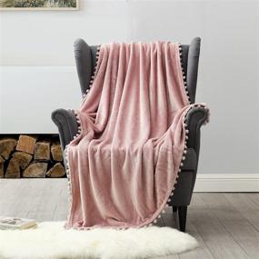 img 3 attached to 🎀 NordECO HOME Flannel Throw Blanket - Cozy Pompom Fringe for Couch Bed Sofa Chair, Pink, 50"x60