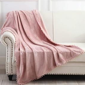 img 4 attached to 🎀 NordECO HOME Flannel Throw Blanket - Cozy Pompom Fringe for Couch Bed Sofa Chair, Pink, 50"x60