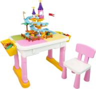 🎨 multi-activity table and chair set for kids with building blocks - exercise n play toddler desk storage box for entertainment, study, dinner - girls & boys (pink) logo
