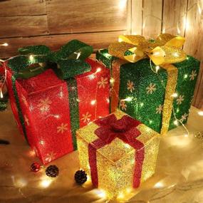 img 4 attached to 🎁 Lighted Christmas Gift Box Decorations - ZALALOVA Set of 3 Battery Operated Outdoor Christmas Decor with Bows for Home Yard, Christmas Tree – Golden Green Red