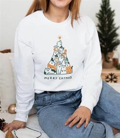 img 3 attached to 🎄 Merry Catmas Sweatshirt: Women's Long Sleeve, Cute Cat Printed Christmas Tops – A Perfect Blend of Style and Christmas Cheer!