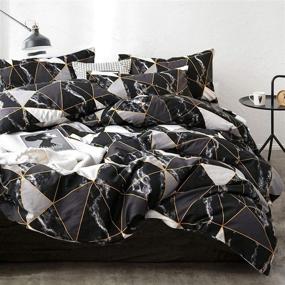 img 4 attached to Geometric Black Comforter Set - Queen Size | Black Marble Bedding | Lightweight Black and White Plaid Cotton | Gold Lines Decor | Perfect Bedding for Women and Men