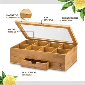 img 2 attached to Bamboo Tea Box Organizer with Slide-Out Drawer & Acrylic Window - Premium Wood 🍵 Chest for Teabag Storage and Freshness - Ideal Countertop and Cabinet Organization (Teabags Not Included)