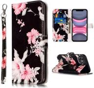 jancalm iphone 11 wallet case: floral pattern pu leather with wrist strap, card/cash slots, stand feature and flip cover – black/flower logo