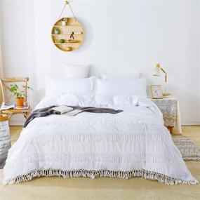 img 1 attached to 🌿 TEALP King Boho Duvet Cover Set with Tassels - White - 3pcs Girls Rustic Bohemian Bedroom Decor - Summer Farmhouse Room