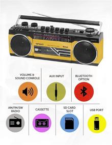 img 3 attached to Riptunes Retro Bluetooth Boombox: Cassette Player, Recorder, AM/FM/SW Radio, USB, SD, Yellow