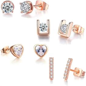 img 4 attached to 💎 Dainty 14K Gold Plated Huggie Studs - 4 Pairs Jewelry Set for Women/Girls, featuring Cubic Zirconia