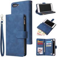 👜 vintage pu leather wallet case for iphone 7 plus and iphone 8 plus - magnetic closure handbag with zipper pocket, kickstand, card holder slots, wrist strap - blue color logo