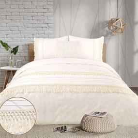img 4 attached to Boho Queen Duvet Cover Set: Tassel Macrame Ivory Cream Fringed Elegant Cotton 💃 100, Off White 90x90 Bedding, 3-Piece Quilt Cover - Chic Bohemian Textured Beige Women's Choice