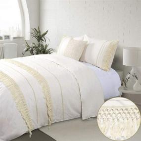 img 3 attached to Boho Queen Duvet Cover Set: Tassel Macrame Ivory Cream Fringed Elegant Cotton 💃 100, Off White 90x90 Bedding, 3-Piece Quilt Cover - Chic Bohemian Textured Beige Women's Choice