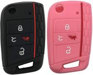 silicone key cover case remote fob protector fit for vw golf polo 2016-2017 4 buttons keyless entry remote key fob skin protective key jacket (1 black + 1 pink) logo