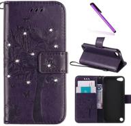 🦋 leecoco embossed floral bling diamonds butterfly ipod touch 5 case | ipod touch 6 case | wallet case with card slots, flip stand, pu leather for 5th 6th generation ipod touch, wishing tree purple logo