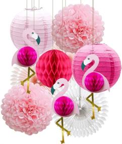 img 4 attached to Яркие тропические розовые украшения для вечеринки с фламинго: помпоны, мячи из цветной бумаги, бумажные цветы, фольгированные вееры и фонарики для незабываемой гавайской летней вечеринки на пляже.