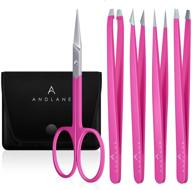 💖 andlane eyebrow tweezers set with facial hair scissors - precision tweezers for women & men - ideal for facial hair removal, eyebrow shaping, splinters & ingrown hair (4 piece, pink) logo