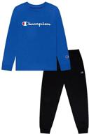 comfy and stylish champion kids boys 2-piece set: long sleeve hooded tee, crew neck tee, and fleece jogger sweatpants logo