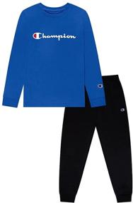 img 4 attached to Comfy and Stylish Champion Kids Boys 2-Piece Set: Long Sleeve Hooded Tee, Crew Neck Tee, and Fleece Jogger Sweatpants