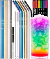 ✨ top-rated set of 12 stainless steel metal drinking straws, 10.5" long, wide rainbow multi-colored, reusable, straight & curved straws with cleaning brushes & silicone tips. ideal for straw brush cup drinks. logo