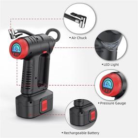 img 3 attached to AKASO Tire Inflator: Portable Cordless Air Compressor with Li-ion Battery, Digital Pressure Gauge, LED Light, Auto Shut-Off - 3pcs Air Nozzles & 12V Car Adapter