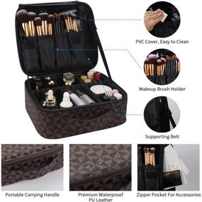 img 3 attached to 💼 Waterproof PU Leather Brown Travel Makeup Train Case for Women - Organizer with Adjustable Dividers for Cosmetics, Makeup Tools, Brushes, Toiletries, and Jewelry