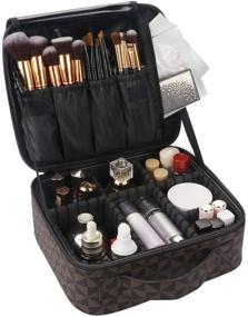 img 4 attached to 💼 Waterproof PU Leather Brown Travel Makeup Train Case for Women - Organizer with Adjustable Dividers for Cosmetics, Makeup Tools, Brushes, Toiletries, and Jewelry