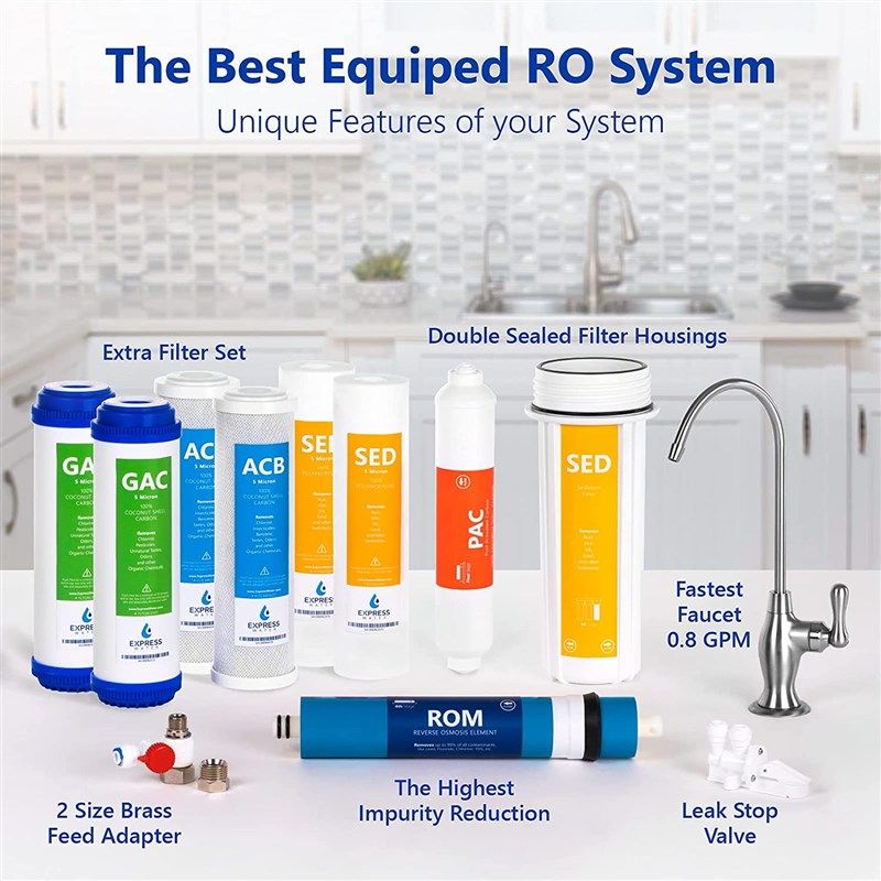 Express Water Reverse Osmosis Water Filter System, 99.99% Lead, Chlorine,  Fluoride, Nitrates, Calcium, Arsenic, Alkaline Water Filter, Under Sink