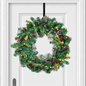 img 3 attached to 🎄 Snow Flocked 24” Christmas Wreath with Pre-lit 50 LED Lights for Front Door - Red Berries, Pine Cones - Battery Operated