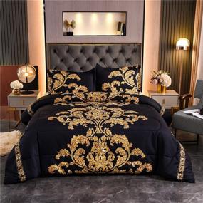 img 4 attached to 🌼 NTBED Black Yellow Flower Comforter Set Queen - European Style Luxury Chic Printed Bedding Quilt Sets with Golden Leaves in Microfiber (Black, Queen)