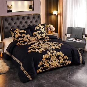 img 3 attached to 🌼 NTBED Black Yellow Flower Comforter Set Queen - European Style Luxury Chic Printed Bedding Quilt Sets with Golden Leaves in Microfiber (Black, Queen)