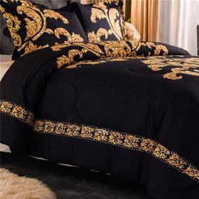 img 2 attached to 🌼 NTBED Black Yellow Flower Comforter Set Queen - European Style Luxury Chic Printed Bedding Quilt Sets with Golden Leaves in Microfiber (Black, Queen)