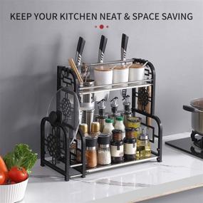 img 1 attached to 🌶️ DUSASA 2-Tier Spice Rack Organizer with Hooks - Ideal Countertop Storage Shelf for Large/Small Jars, Bottles, and Condiments