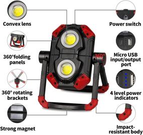 img 1 attached to 🔦 Rechargeable LED Work Light - Folding 2 COB 2500LM Portable Floodlight with Magnetic Base, 360° Rotation Stand, Waterproof Spotlights for Camping, Car Repair, Emergency, and Job Site Lighting