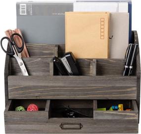 img 3 attached to 🗄️ Multi-Functional Rustic Wooden Office Desk Organizer: 5 Compartment with 2 Drawers for Enhanced Storage & Desktop Mail Rack – Ideal for Pens, Notebooks, Folders, Pencils, Jewelry & Office Supplies (Rock Grey)